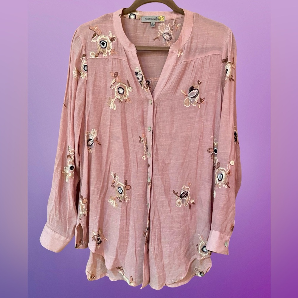 Anthropologie Fig & Flower Pink/Purple Sheer Floral Embroidered Button Up - Sz L